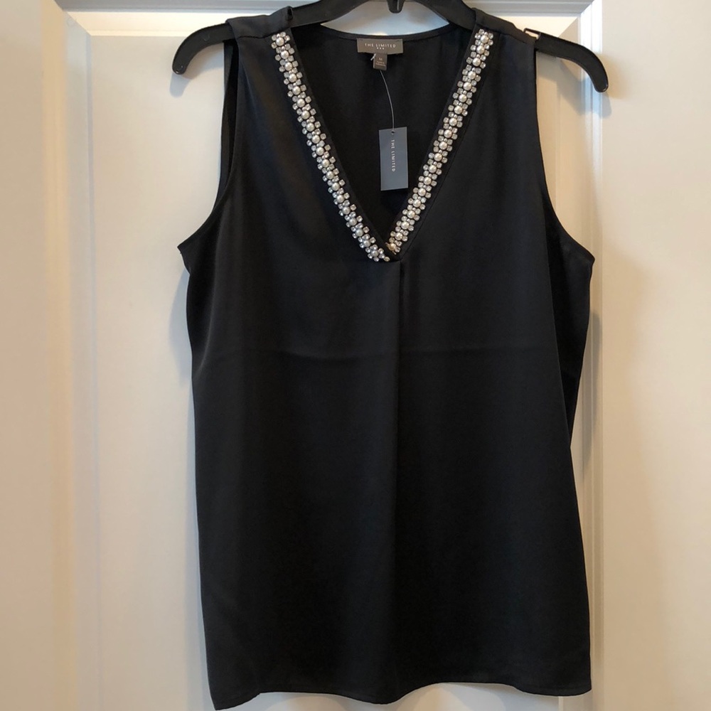 Black Limited V-Neck Embellished Pearl Top